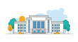 © Darwin - Modern line art illustration of a large public building, such as a university, library, or courthouse, with trees and a sun.