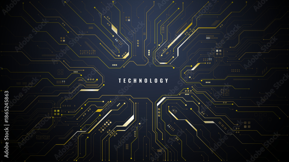 Gold circuit board background with central text space. Futuristic semiconductor pattern features AI technology elements and digital network lines in luxury design. Digital vector illustration 