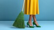 © Nataliia_Trushchenko - A woman is holding a green broom and wearing yellow and green clothing. The image has a bright and cheerful mood, with the woman's outfit and the green broom creating a sense of cleanliness and order