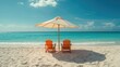 © The 2R Artificiality - Pair of beach chairs under a sunshade, designed for rest and casual outdoor enjoyment, summer holiday
