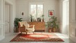 © NeuralNiche - Bright interior space featuring an armchair, storage chest, houseplants, and a vintage rug, suitable for home decor