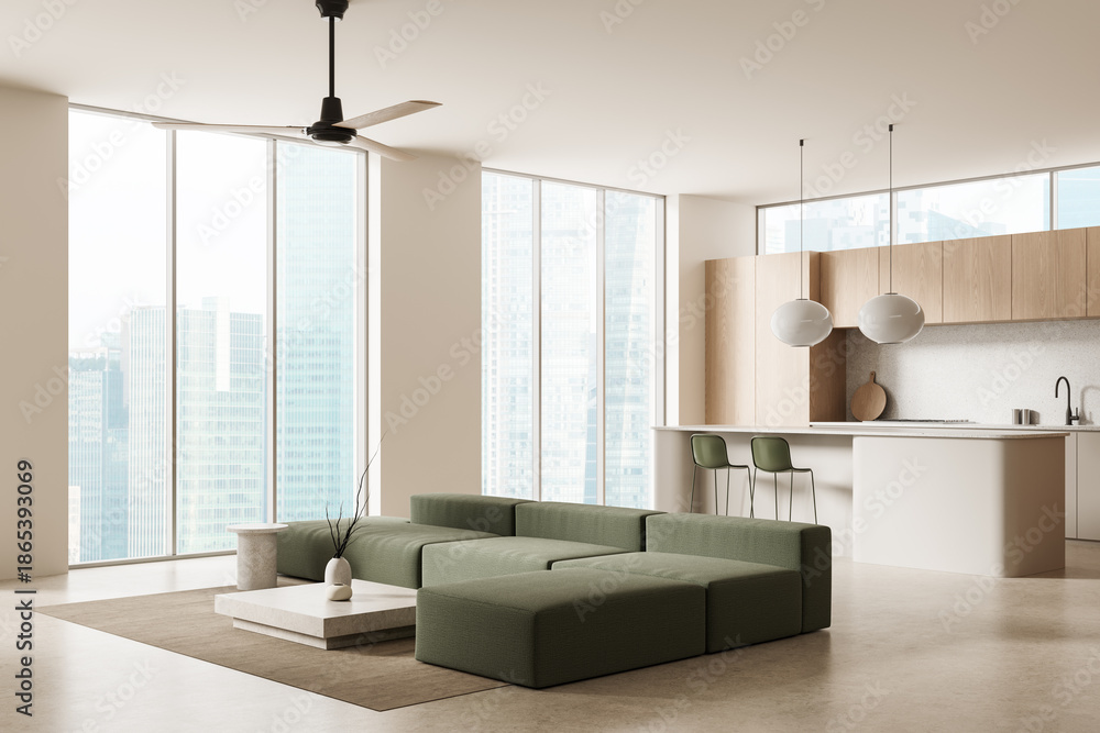 Image showcasing Modern minimalist open-plan living room and kitchen with green modular ...