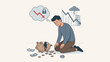 © YOUSSEF - Sad man with broken piggy bank. Financial crisis, bankruptcy. Loss of savings, investment failure. Economic recession. Debt, poverty. Inflation. Money crash. Business concept. Vector