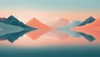 © Clinton - serene pastel landscape mirroring mountains reflected in a calm water soft sunrise hues of peach and teal minimalist symmetrical composition