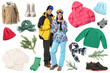 © New Africa - Happy couple, winter clothes and accessories. Collection on white background