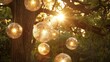 © Justlight - A of glistening fabric orbs hang from the trees creating a mystical atmosphere in the park.