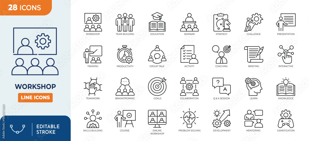 Workshop line editable icon set. Containing training, learn, skill ...