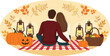 © MDBELAL - Autumn couple picnic illustration, romantic fall scene with pumpkins lanterns, cozy thanksgiving mood, love relationship concept, flat vector artwork