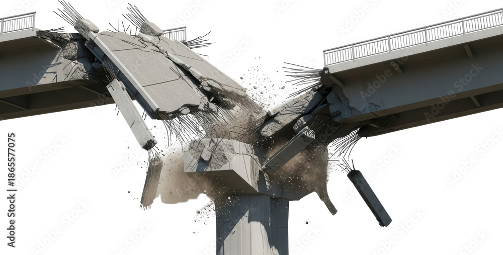 A concrete bridge collapsing with exposed rebar and debris flying from ...