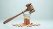 © MR HEPPY - Law and justice concept featuring gavel resting on medicine bottle and loose pills for pharmaceutical compliance issues