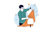 © Maria - A modern flat illustration of a male fashion designer or tailor draping orange fabric on a mannequin in a studio workshop setting.