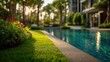 © Oulaphone - A serene poolside scene featuring vibrant greenery, flowers, and a clear reflection in the water, illuminated by soft sunset light.
