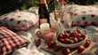 © Valena - Romantic picnic with champagne, strawberries and candles on soft blanket in warm sunlight creating cozy intimate atmosphere for celebration or date outdoors
