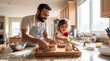 © Николай Срибяник - Happy Indian father and daughter preparing a surprise pancake breakfast with a red rose in a sunny kitchen for a celebration.