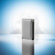 © SM - Gray leather wallet standing upright on a reflective surface with a soft blue gradient background accessory