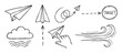 © Mr. Stocker - Hand-drawn paper airplane doodle icon set illustrating concepts of business startup, goal setting, and achieving targets with various flight paths and elements