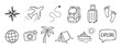 © Mr. Stocker - Set of hand-drawn travel icons featuring an airplane, backpack, suitcase, globe, and camera in a black and white doodle style for adventure and vacation concepts