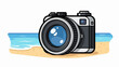© deru - A camera sits on a sandy beach with a blue ocean backdrop
