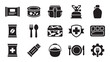 © Mr. Stocker - Survival food and camping equipment icon set with black glyphs of MRE, canned rations, portable stove, mess kit, and emergency supplies for preparedness