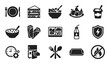 © Mr. Stocker - Collection of black food and meal icons showing various lunch items like a sandwich, salad, fruit, and bento box, along with symbols for safety and time management