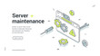 © provectors - Computer server maintenance hardware support isometric web banner design template vector illustration. Digital software repairing analyzing examining network protection digital technology