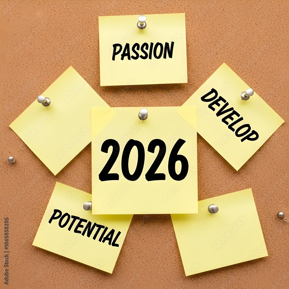 2026 vision board with yellow sticky notes on cork bulletin board, motivational concept with words passion, develop, and potential for new year goals.