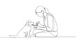 © krisnanto - A gentle one-line drawing capturing a young woman lovingly feeding a small puppy from a bowl