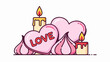 © akagami - Pink heart-shaped candies and meringues with lit candles on a white background