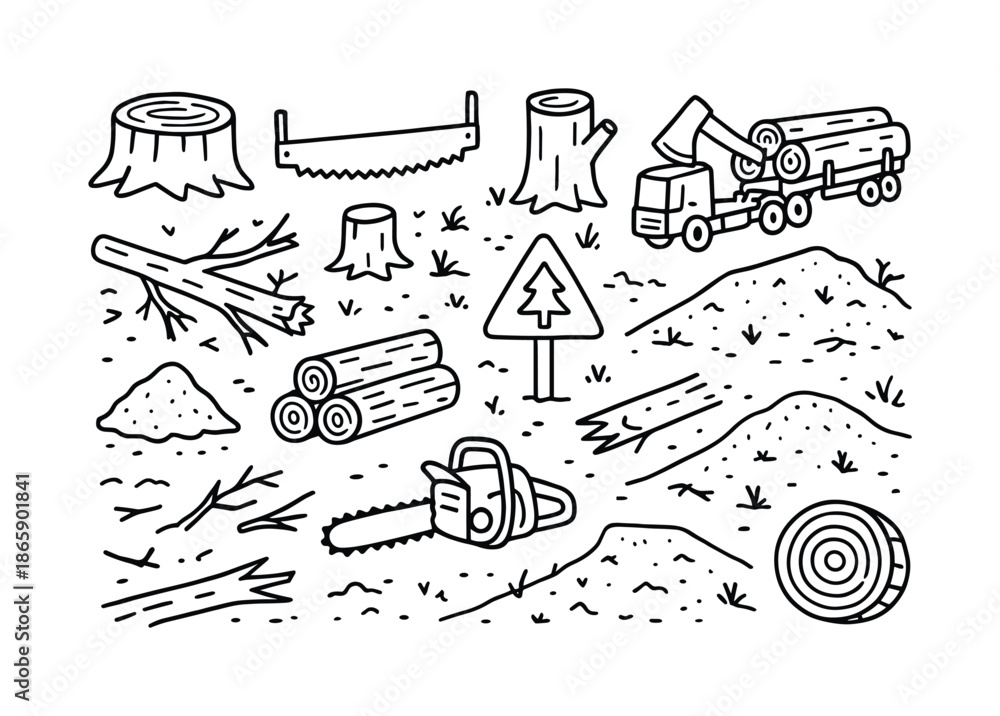 Logging Symbols Doodle. Clearcut. Hand-drawn doodle illustration ...