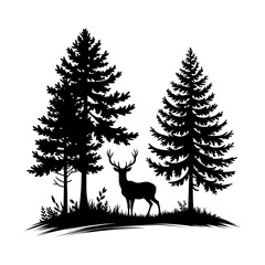 Naklejka na meble Deer in pine forest silhouette vector illustration. Wild animal stag standing between trees. Nature landscape black stencil design isolated on white background