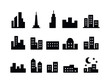 © Viacheslav - Black Skyline Icons. Skyline silhouettes. Solid icon set of Skyline silhouettes: skyscraper icon, tower edge, rooftop view, city block, building rows, dome