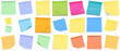 © Red - photograph of a collection of colorful blank sticky notes and post-it notes, some with curled corners, casting soft shadows on a white background.