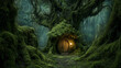 © darkbird - Magical forest featuring an enchanting tree with a door and lanterns