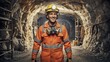 © NN AI - Portrait of smiling miner wearing hard hat with headlamp. Professional industrial worker standing in underground mine tunnel. Heavy industry and manual labor concept