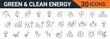 © Tanzicons - Comprehensive vector graphic design set featuring thirty minimalist line icons related to green energy themes including water, solar, wind power, and sustainable development goals.