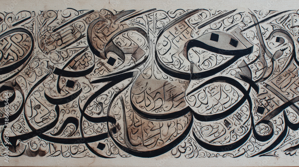 Intricate calligraphic design featuring interwoven Arabic script. Stock ...