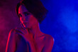 © Beauty Hero - Photo of adorable seductive lady nude shoulders empty space isolated neon light background