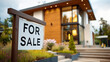 © halcon1 - For sale sign in front of modern luxury house with large windows and landscaped garden, real estate property concept, residential architecture, home investment and sale offer