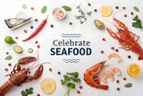 A vibrant overhead flat lay composition features cooked crustaceans including lobsters and shrimp artfully arranged with fresh ingredients like citrus and herbs announcing a seafood celebration event.