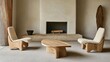 © Abdhul - Light-filled, minimalist living room featuring a cream-colored, stucco fireplace, natural wooden furniture, and a unique, organic design aesthetic