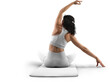 © olegphotor - Mockup of white floor mat, yoga tracksuit, top, leggings on trainer woman, png, back view