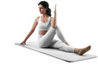 © olegphotor - Mockup of white floor mat, yoga tracksuit, top, leggings on trainer woman, png, side view
