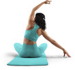 © olegphotor - Mockup of turquoise floor mat, yoga tracksuit, top, leggings on trainer woman, png, back view