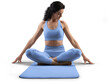 © olegphotor - Mockup of blue floor mat, yoga tracksuit, top, leggings on trainer woman, png, front view