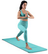 © olegphotor - Mockup of turquoise floor mat, yoga tracksuit, top, leggings on trainer woman, png, front view