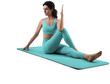 © olegphotor - Mockup of turquoise floor mat, yoga tracksuit, top, leggings on trainer woman, png, side view