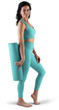 © olegphotor - Mockup of turquoise floor mat, yoga tracksuit, top, leggings on trainer woman, png, side view