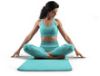 © olegphotor - Mockup of turquoise floor mat, yoga tracksuit, top, leggings on trainer woman, png, front view
