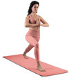 © olegphotor - Mockup of pink floor mat, yoga tracksuit, top, leggings on trainer woman, png, front view