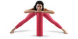 © olegphotor - Mockup of red floor mat, yoga tracksuit, top, leggings on trainer woman, png, front view